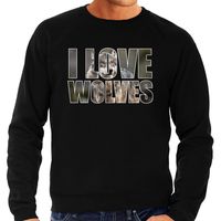 Tekst sweater I love wolves met dieren foto van een wolf zwart voor heren - thumbnail