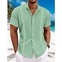 Voor heren Overhemd linnen overhemd Guayabera-shirt Overhemd met bandkraag Zomer overhemd Strand Kleding Zwart Wit blauw Groen Korte mouw Effen Kraag Zomer Casual Dagelijks Kleding Lightinthebox