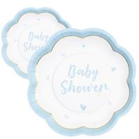 Feest/babyshower bordjes - geboorte - 16x - blauw - bloem vorm - papier/karton - 20 cm - thumbnail