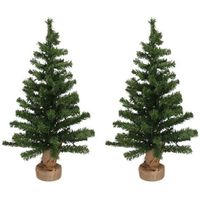 2x Kleine kerstbomen in jute zak inclusief verlichting 75 cm - thumbnail