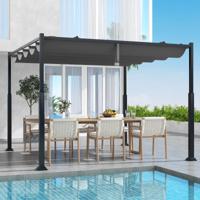 310x310cm Buitenpergola met Uitschuifbare Luifel Zware Metalen Kolommen Moderne Zonnescherm Tuinhuisje Druivenrank Pergola