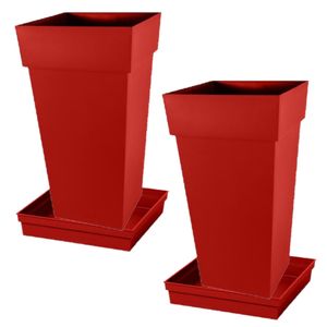 Set van 2x stuks bloempotten Toscane vierkant kunststof rood 43 x 43 x 80 cm inclusief onderschalen