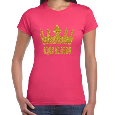 Koningsdag T-shirt voor dames - Queen - glitter goud - roze - feestkleding