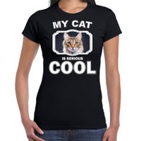 Bruine kat katten / poezen t-shirt my cat is serious cool zwart voor dames XL  - - thumbnail
