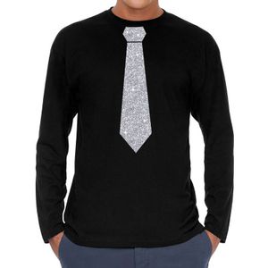 Zwart long sleeve t-shirt met zilveren stropdas voor heren 2XL  -