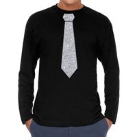 Zwart long sleeve t-shirt met zilveren stropdas voor heren 2XL  - - thumbnail