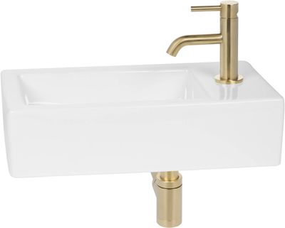 Saqu fonteinset met gouden kraan rechts glanzend wit keramiek