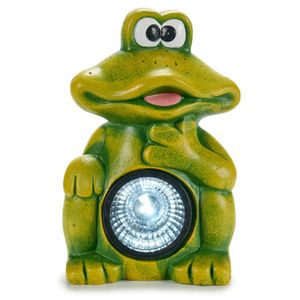 Tuinbeeld Solar lamp kikker - keramiek - 19 x 28 cm - groen - Lichtgevende dieren beeldjes   -