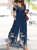 Loose V Neck Casual Floral Jumpsuit With No