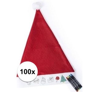100x Hobby Kerstmutsen inkleurbaar met waskrijtjes voor jongens/meisjes/kinderen   -