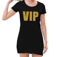 VIP tekst jurkje zwart met gouden glitter letters dames - thumbnail