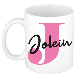 Naam mok Jolein - roze - wit - keramiek - 300 ml - verjaardag/cadeau beker