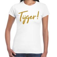 Verkleed T-shirt dames - Tijger! -  wit - glitter goud - themafeest fout/goud/stout