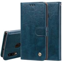 Business stijl olie Wax textuur horizontale Flip lederen case voor Galaxy A20e met houder & kaartsleuven & portemonnee (blauw)