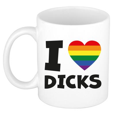 Cadeau koffie/thee mok - regenboog - I love dicks - pride / gay - 300 ml - keramiek Cadeau koffie/thee mok - regenboog - I love dicks - pride / gay - 300 ml - keramiek