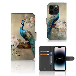 Telefoonhoesje met Pasjes voor iPhone 15 Pro Vintage Pauwen