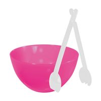 Serveerschaal/slakom - fuchsia roze - kunststof - 26 cm - met sla bestek/couvert - Serveerschalen - thumbnail