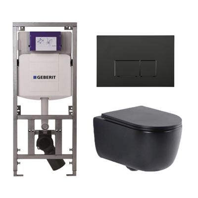 QeramiQ Dely Swirl Toiletset - 36.3x51.7cm - Geberit UP320 Burda inbouwreservoir - slim zitting - mat zwarte metalen bedieningsplaat - rechthoekige knoppen - mat zwart 0701131/SW706193/SW1000768/SW1026258