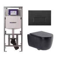 QeramiQ Dely Swirl Toiletset - 36.3x51.7cm - Geberit UP320 Burda inbouwreservoir - slim zitting - mat zwarte metalen bedieningsplaat - rechthoekige knoppen - mat zwart 0701131/SW706193/SW1000768/SW1026258