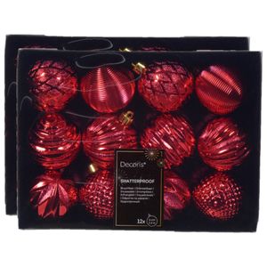 Gedecoreerde kerstballen - 24x st - 6 cm - kunststof - rood