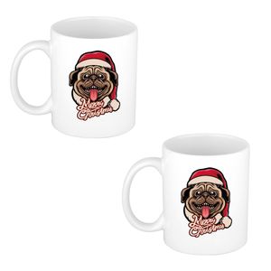 2x stuks Merry Christmas hond kerstmok / kerstbeker wit 300 ml