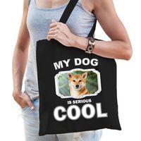 Shiba inu honden tasje zwart volwassenen en kinderen - my dog serious is cool kado boodschappentasje - thumbnail