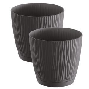 Plantenpot/bloempot Waves - 2x stuks - kunststof - antraciet grijs - D15 x H14 cm - binnen/buiten