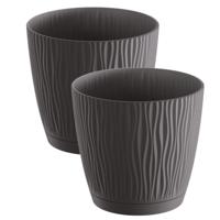 Plantenpot/bloempot Waves - 2x stuks - kunststof - antraciet grijs - D15 x H14 cm - binnen/buiten