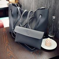 2 in 1 zachte lederen vrouwen tas set luxe Fashion Design schoudertassen grote casual tassen handtas (donkergrijs)