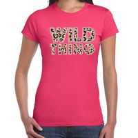 Wild thing fun tekst t-shirt voor dames roze met panter print - thumbnail