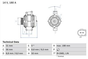 Dynamo / Alternator BOSCH, Spanning (Volt)14V, u.a. für Mercedes-Benz