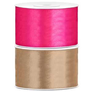 Set van 2 stuks sierlinten/cadeaulinten/satijnen linten goud en roze 38 mm x 25 meter