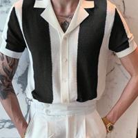 Men's Navy Blue Striped Knit Polo - Short Sleeve Crochet Top Black and White / M