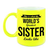 Worlds Greatest Sister cadeau koffiemok / theebeker neon geel 330 ml - thumbnail