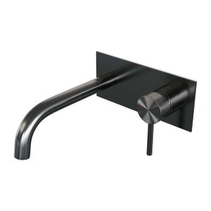 Brauer Gunmetal Carving Wastafelmengkraan inbouw - gebogen uitloop links - hendel lang smal carving- afdekplaat - model A 1 - PVD - geborsteld gunmetal 5-GM-004-B6