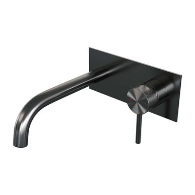 Brauer Gunmetal Carving Wastafelmengkraan inbouw - gebogen uitloop links - hendel lang smal carving- afdekplaat - model A 1 - PVD - geborsteld gunmetal 5-GM-004-B6