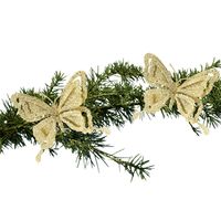 2x stuks kerstboom decoratie vlinders op clip glitter goud 14 cm - thumbnail