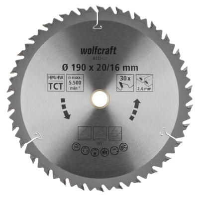 Wolfcraft HM Cirkelzaagblad | 30 td | Ø190 x 16 x 2,4mm | 1 stuk - 6735000