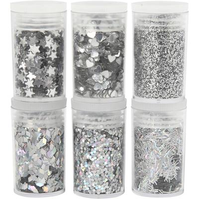 Creativ Company Bio sparkles & sequins, zilver, 6x7 ml/ 1 doos