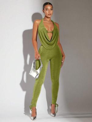 Black Backless Halter Crop Top & Knot Hem Skinny Pants Set Lime Green / XS