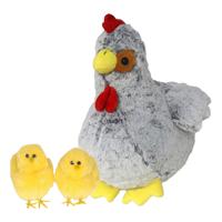 Pluche kip knuffel - 30 cm - grijs - met 2x gele kuikens 7 cm - kippen familie