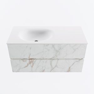 MONDIAZ VICA 100cm badmeubel onderkast Carrara 2 lades. Wastafel MOON links 1 kraangat, kleur Talc.