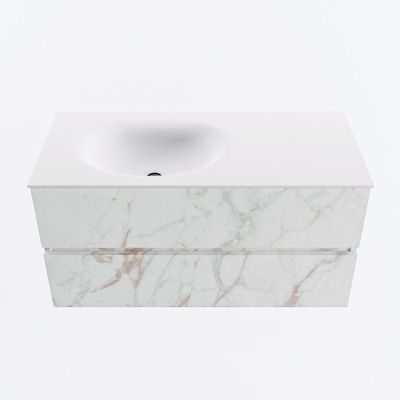 MONDIAZ VICA 100cm badmeubel onderkast Carrara 2 lades. Wastafel MOON links 1 kraangat, kleur Talc.