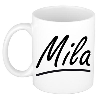 Mila Naam koffiemok - beker - met sierlijke letters - wit - 300 ml - Cadeau - Dames Mila Naam koffiemok - beker - met sierlijke letters - wit - 300 ml - Cadeau - Dames