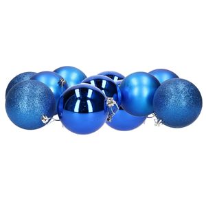 12x stuks kerstballen blauw mix van mat/glans/glitter kunststof 8 cm