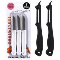 Groente/fruit keukenmesjes - voor schillen/snijden - zwart/wit - kunststof - 5-delig
