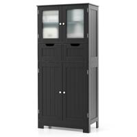 Staande Kast met 4 Deuren Vrijstaande Badkamerkast met 2 Glazen Deuren 2 Lades en Verstelbare Planken Multifunctionele Kast-Zwart