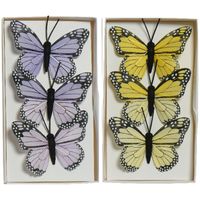 6x stuks decoratie vlinders op draad - geel - paars - 6 cm - Hobbydecoratieobject