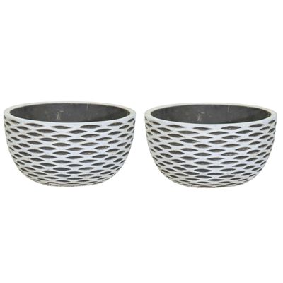 Plantenpot/bloempot schaal - 2x - keramiek - antraciet/wit - visgraat motief - D24 x H12 cm