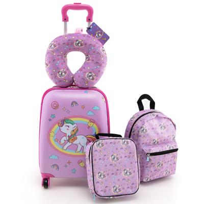 Set van 5 Koffers voor Kinderen Set Verrijdbare Koffers voor Kinderen met Rugzak Nekkussen Etiquette Lunchtas Stevige Bagage Roze Eenhoorn